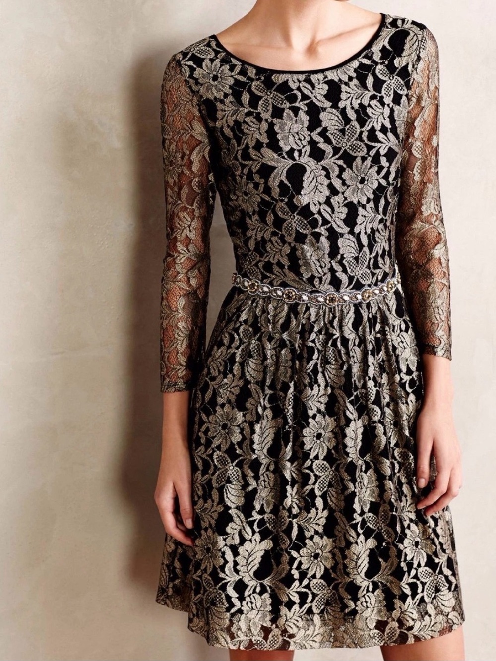 Maeve Black and Gold Floral Lace Fit-and-Flare Dress